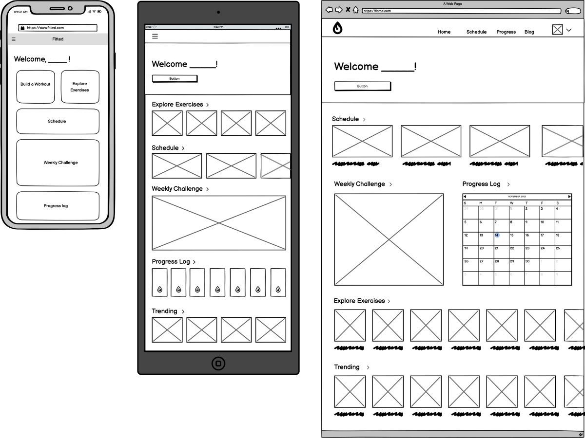 Low-fidelity wireframes of the home screen for mobile, tablet, and desktop breakpoints, shown left to right.