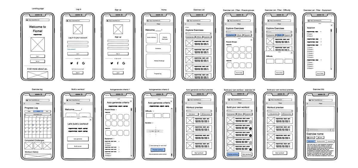 Low-fidelity mobile wireframes made in Balsamiq.