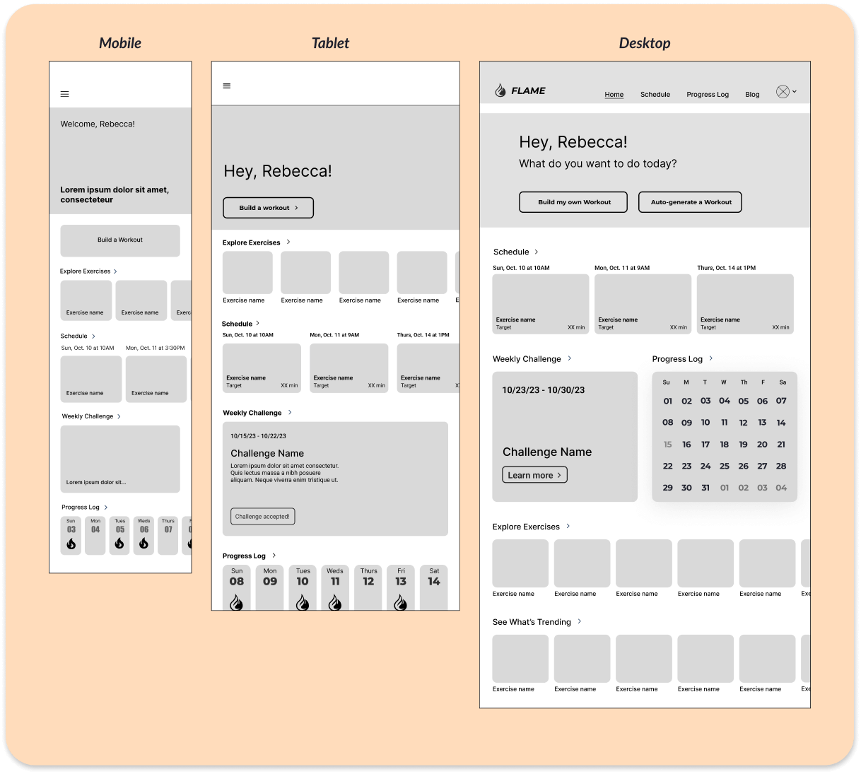 mid-fidelity wireframes of the home scren at mobile, tablet, and desktop breakpoints from left to right.