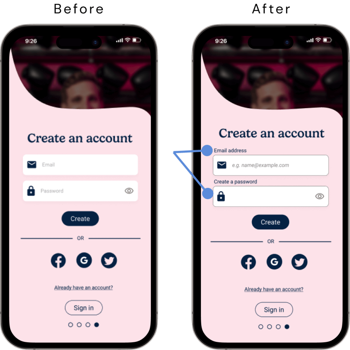 before and after picture of account creation page, showing updates to text fields as described