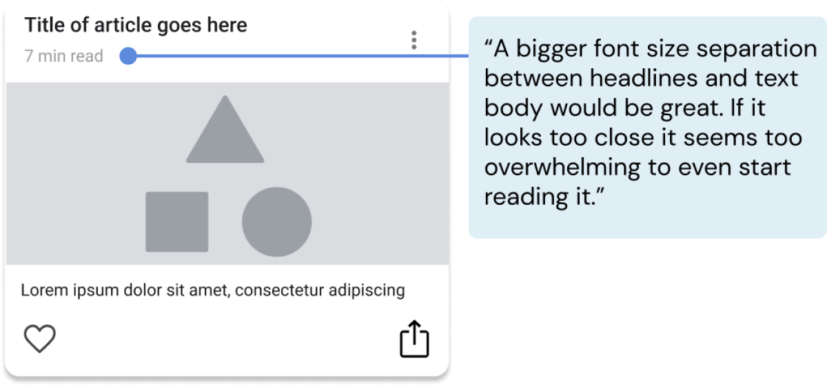 Picture of article card with user comment saying that a bigger font size separation between headlines and text body would be great. If it looks too close it seems too overwhelming to even start reading it.