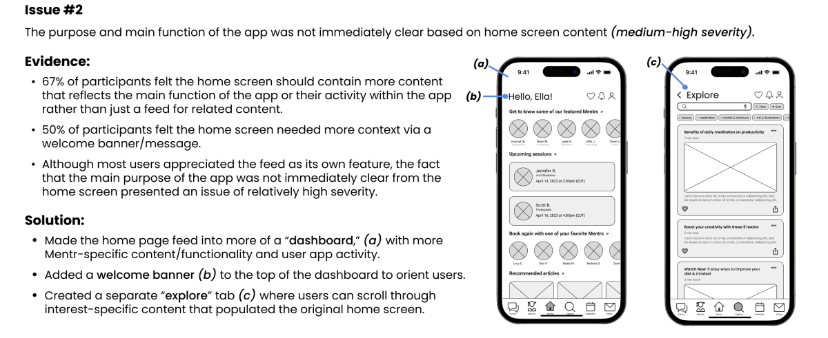 Description of issue 2. the purpose and main function of the app was not immediately clear based on home screen content. This was a medium to high severity issue. I solved this with the following changes: 1. making the home page feed into more of a dashboard with more mentor-specific content and functionality, as well as user app activity. 2. adding a welcome banner to the top of the dashboard to orient users. and 3. creating a separate explore tab where users can scroll through interest-specific content that populates the original home screen.